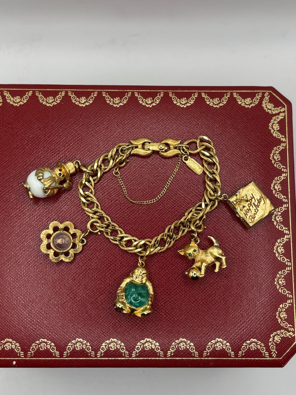 Vintage Monet Charm Bracelet w Cat Birthday Book Snowman Lucky Buddha Flower